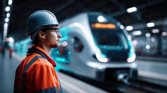 Confident railway engineer in safety gear stands on a modern train platform, observing a high speed train arriving at the station. Urban transportation innovation and technology concept