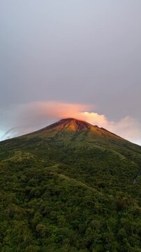 Portrait mode diagonal push in aerial shot of Mountain Mayon in Albay, Philippines