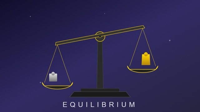 Balance scale showing unequal weights with the word equilibrium.