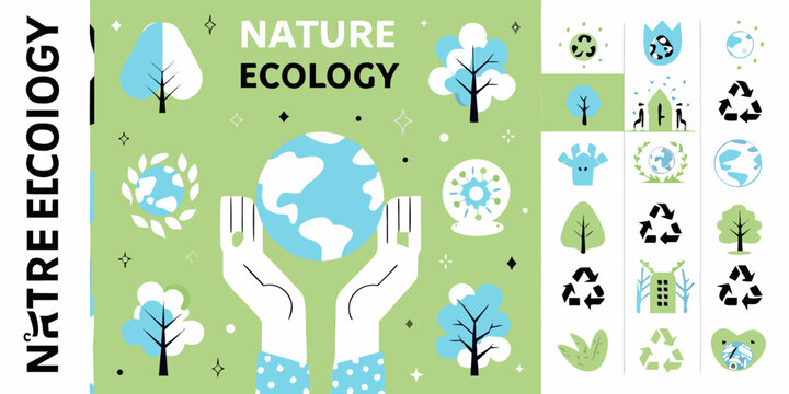Ecology And Nature Vector Illustration With Trees Hands And Recycling Symbols
