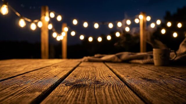 Wooden deck with string lights at night creating a cozy atmosphere