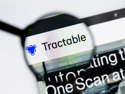 Milan, Italy 2026, 20 Apr Closeup of Tractable website on a laptop screen. Tractable logo under a magnifying glass.