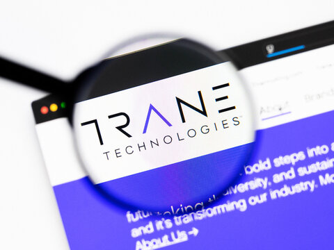 Milan, Italy 2026, 20 Apr Closeup of Trane Technologies website on a laptop screen. Trane Technologies logo under a magnifying glass.