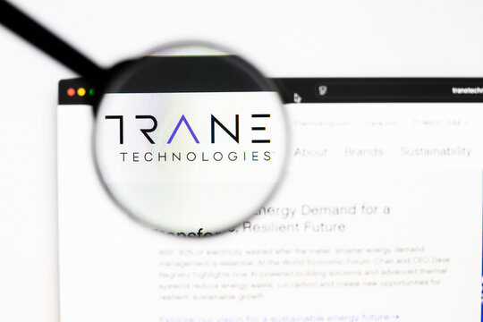 Milan, Italy 2026, 20 Apr Closeup of Trane Technologies website on a laptop screen. Trane Technologies logo under a magnifying glass.
