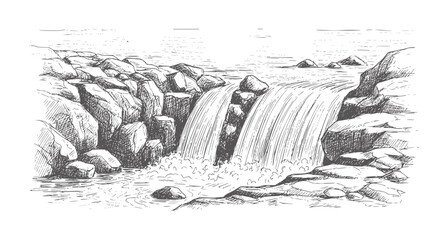 Black and white of a rocky waterfall cascading into a pool rocks cascade © Mahin
