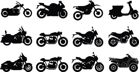 Silhouette collection of various motorcycle types including sport bike, cruiser, scooter, dirt bike, and quad bike isolated on white background © SHAPLAKHATUN