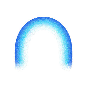 Minimalist abstract composition of a bright blue downward curving arc made of dense pointillist stipple texture against a solid white background, modern design