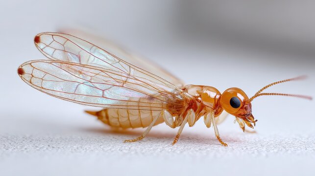 Single termite alate in sharp detail on white background, macro insect portrait