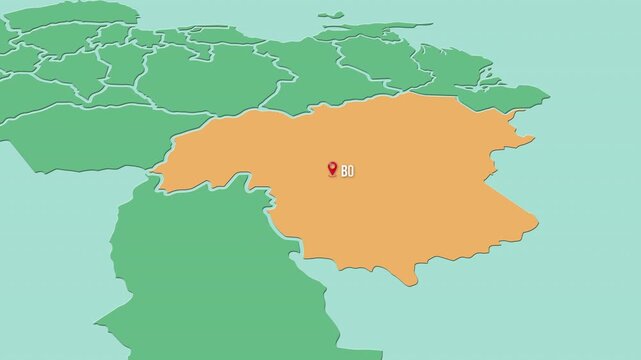 Mapa de Venezuela  con divisi&oacute;n pol&iacute;tica resaltando el estado Bol&iacute;var