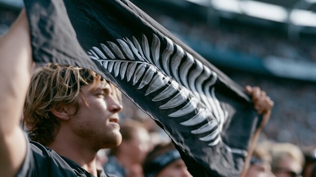 Closeup of a New Zealand supporter holding a silver fern flag high above during a football match captured from a low angle emphasizing pride and enthusiasm.