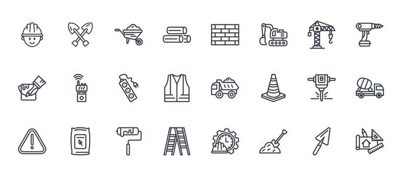 24 outline Construction web icons such as spade, ladders, jackhammer, walkie talkie, wall. Thin vector symbols for report, presentation, web design and mobile app