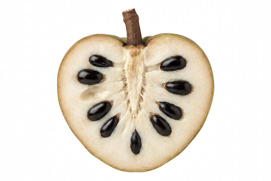 Cross section of a ripe custard apple showing creamy flesh and seeds