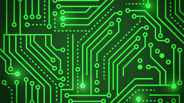 Abstract green circuit board background with glowing nodes and motherboard digital microchip lines for computer technology and electronic hardware concepts