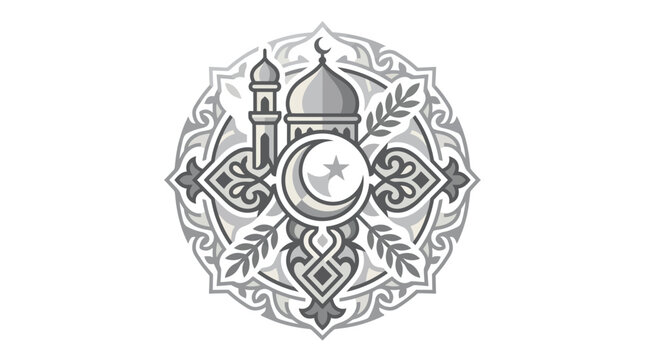 Islamic Mosque Emblem with Crescent Moon and Star, Geometric Mandala Design