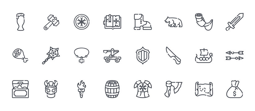 24 outline Viking web icons such as treasure map, barrel, viking ship, mace, boot. Thin vector symbols for report, presentation, web design and mobile app