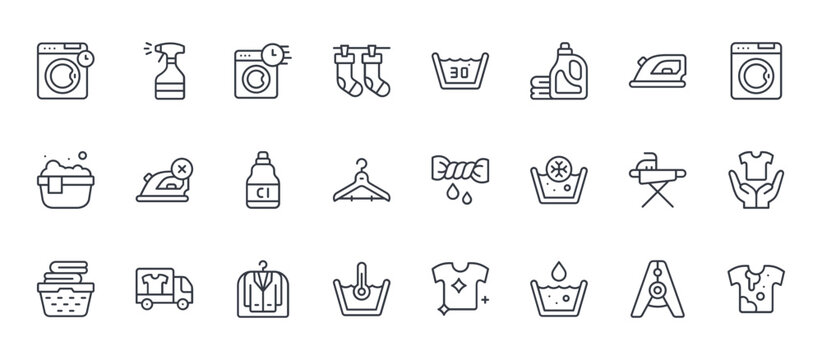 24 outline Laundry web icons such as clothespin, water temperature, ironing board, iron, water temperature. Thin vector symbols for report, presentation, web design and mobile app