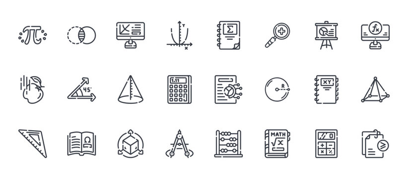 24 outline Math Symbol web icons such as calculator, compass, notebook, angle, the sum of. Thin vector symbols for report, presentation, web design and mobile app