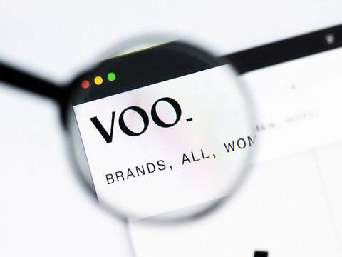 Milan, Italy 2026, 20 Apr Closeup of Voo Store website on a laptop screen. Voo Store logo under a magnifying glass.