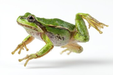 Fototapeta premium Stop-action frog leap on a clean white background