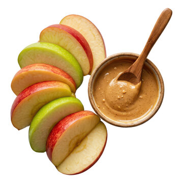 Red and green apple slices with peanut butter in a bowl isolated on transparent background