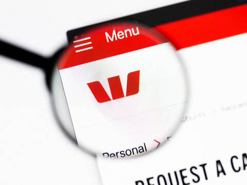 Milan, Italy 2026, 20 Apr Closeup of Westpac Banking Group website on a laptop screen. Westpac Banking Group logo under a magnifying glass.