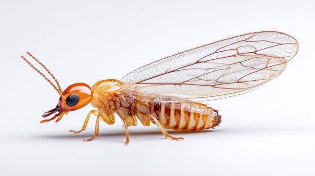 Studio macro shot of a lone flying termite against a clean white backdrop