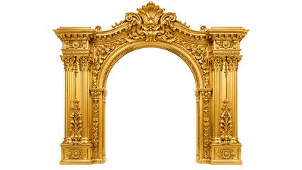 Fototapeta premium Ornate golden architectural archway with architecture isolated on transparent background