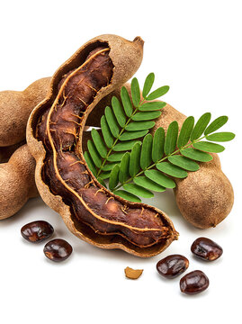 Fresh tamarind pods with seeds and leaves on white background with selective focus