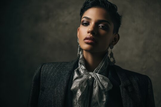 Studio portrait of a young transgender man wearing glamorous makeup and chic women&acirc;&euro;&trade;s clothing, fashion-forward confidence