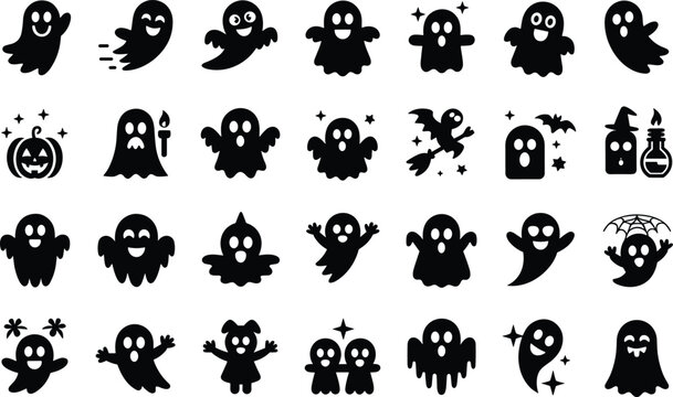 Variety of cute and spooky Halloween ghost icons for holiday decoration and invitations