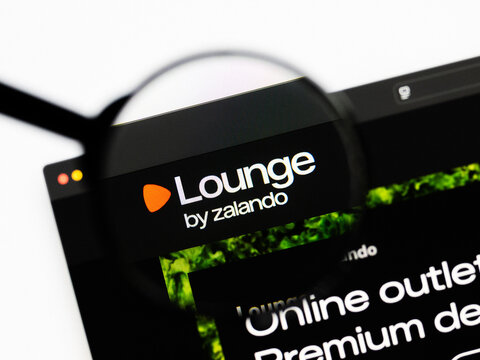 Milan, Italy 2026, 20 Apr Closeup of Zalando Lounge website on a laptop screen. Zalando Lounge logo under a magnifying glass.