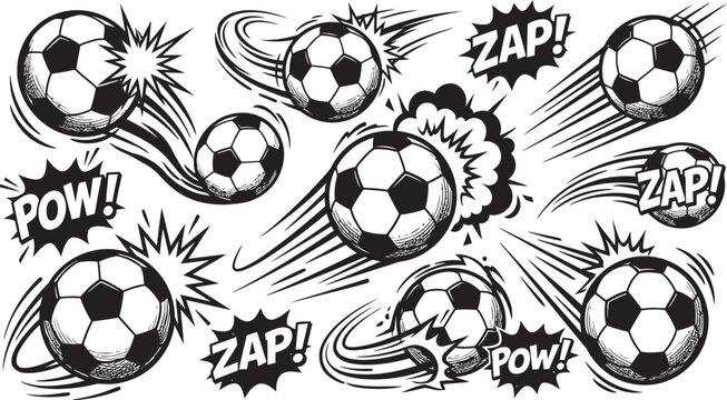 Soccer balls with comic explosion effects