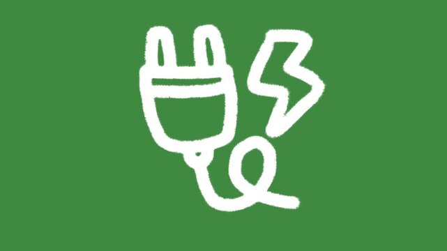 Renewable energy power plug hand-drawn cartoon graphic with chalk outline eco electric flash icon isolated on green screen background for sustainable electricity generation line art element concept.