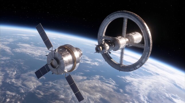Orbital docking maneuver between transport module and ring-shaped space station. Futuristic spacecraft approaching habitable satellite in low Earth orbit.