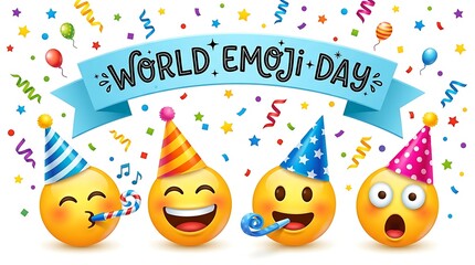 Fototapeta premium World emoji day celebration with party hats and confetti celebration confetti