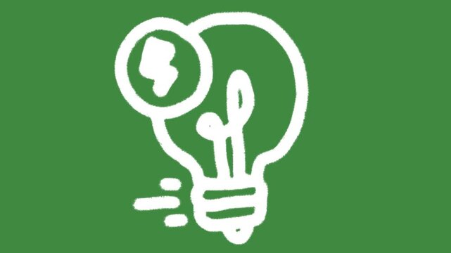 Renewable energy idea light bulb hand-drawn cartoon graphic with chalk outline power flash innovation icon isolated on green screen background for sustainable electricity solution line art element.