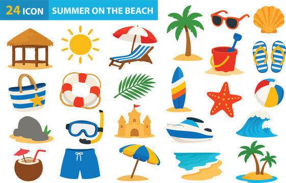 Summer Beach and Pool Elements Flat Illustration Set
