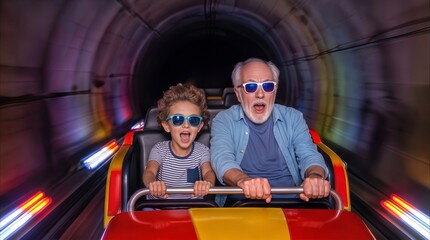 Fototapeta premium Excited grandfather and grandson riding roller coaster through dark tunnel. Family enjoying fast amusement park attraction with motion blur.