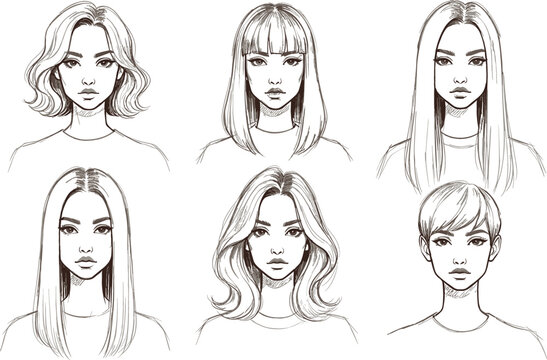Hand Drawn Woman Hairstyle Sketch Vector Set Featuring Bob Cuts, Long Straight Hair, Bangs, and Pixie Cuts for Hair Salon Branding and Beauty Graphics