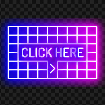 Neon glowing button click here with arrow on grid background vector illustration