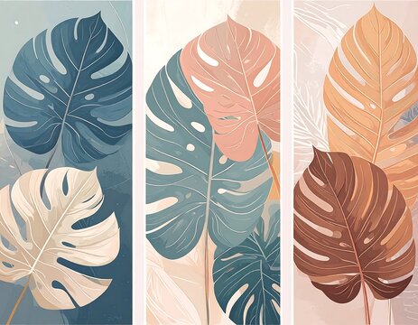 Three vertical panels showcasing stylized monstera leaves in pastel shades of blue, pink, and gold with soft, abstract backgrounds