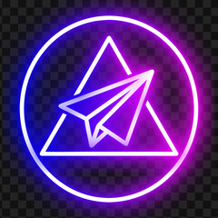 Naklejka premium Neon paper plane icon with glowing triangle and circle frame vector illustration