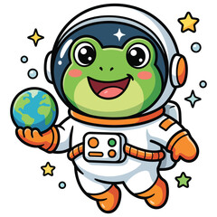 Obraz premium Happy frog astronaut holding earth with stars and planets in space isolated on transparent background, Vector, illustration