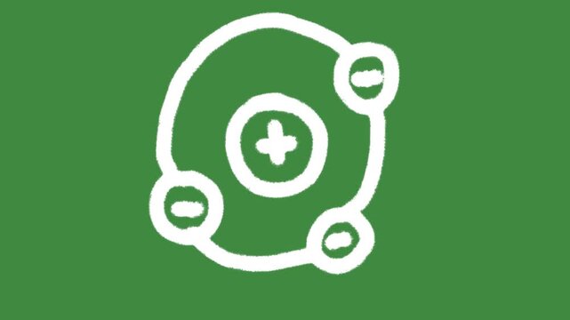 Science atom nucleus plus minus hand-drawn cartoon graphic with chalk outline quantum physics molecule icon isolated on green screen background for school classroom chemistry education line art.