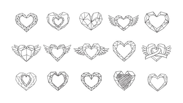 Geometric low poly wireframe hearts with wings and patterns in black and white