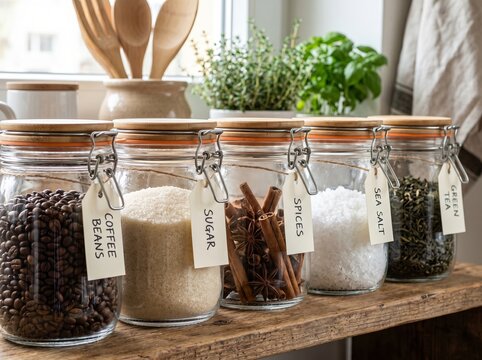 Spice Jars with Handwritten Labels on Wooden Shelf in Bright Kitchen