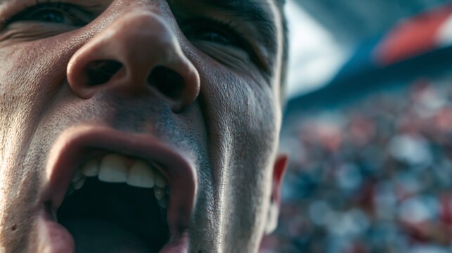 Detailed shot highlighting a soccer players front tooth peeking between open lips emphasizing the physical effort of midgame action in front of cheering fans.