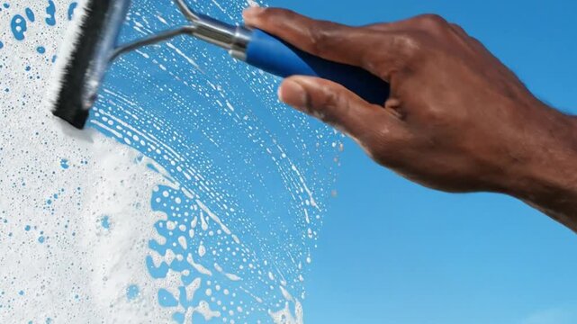 Closeup of a person cleaning a glass window with a squeegee and soapy water against a clear blue sky