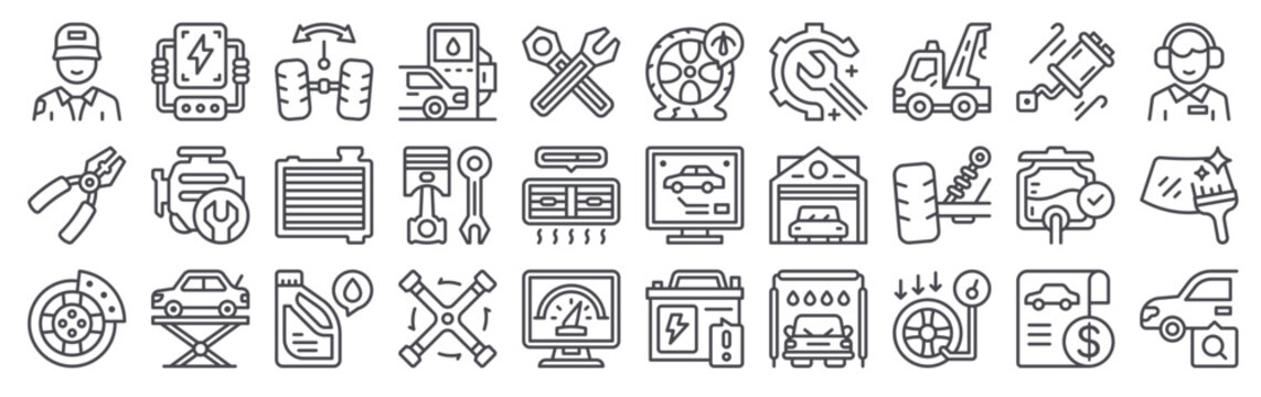 30 thin line Car Service icons for web, app and interface design featuring mechanic, piler, disc brake, electric service, engine check. Vector outline collection