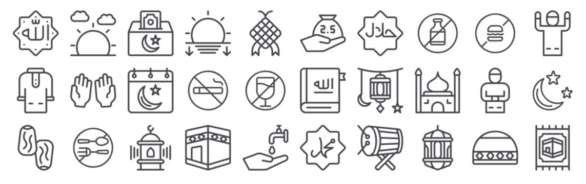 30 thin line Ramadan icons for web, app and interface design featuring allah, muslim, dates, sunrise, pray. Vector outline collection